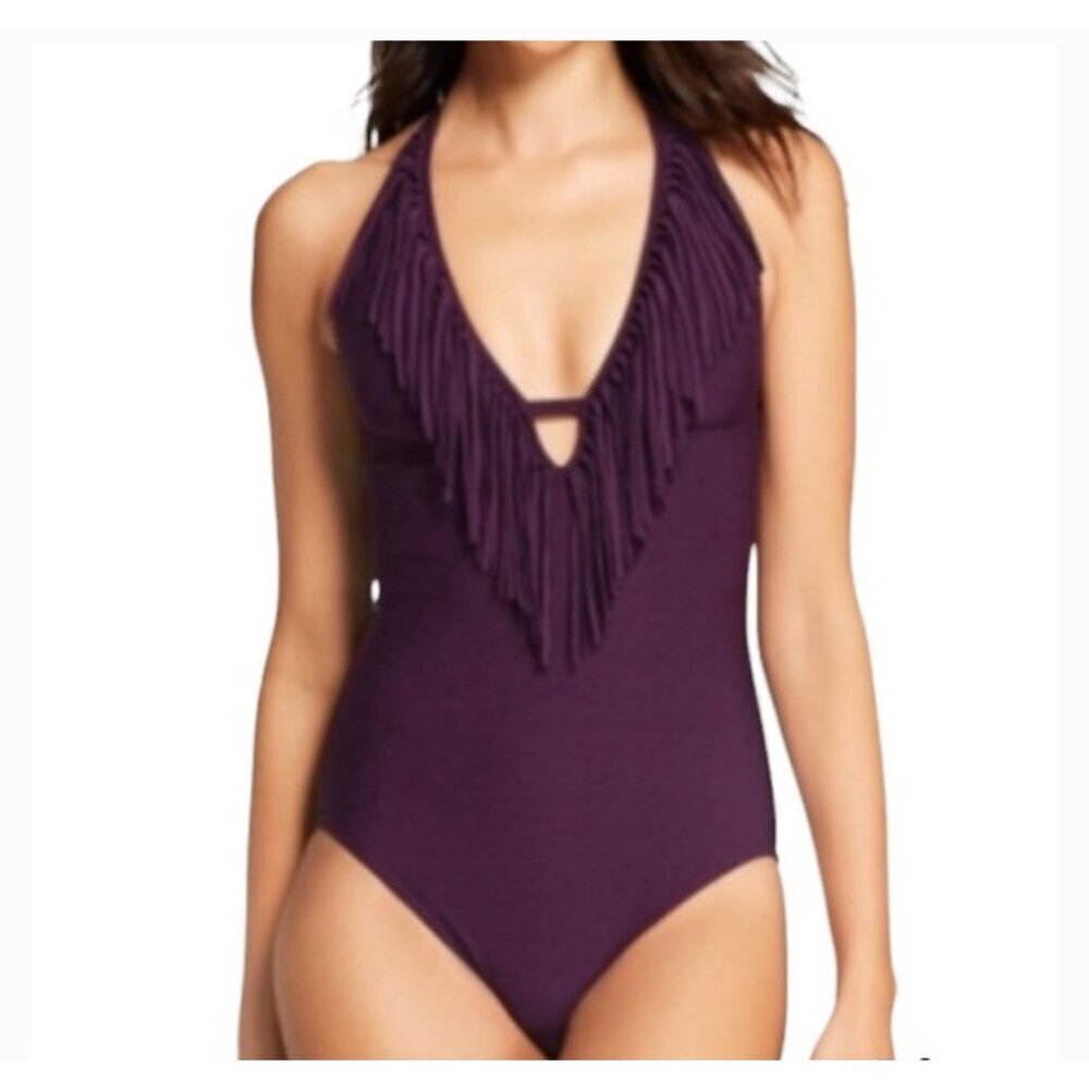 Mossimo Fringe Swimsuit Purple One Piece V-neck Women’s SZ MD fringe top NEW